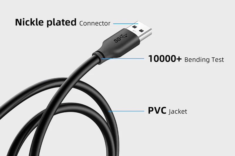 Cáp PVC USB 3.0 AM-AM, cáp USB 3.0 30-30-24AWG Với dây bện Gen1 5Gbps, mạ Nickle. Vỏ PVC màu đen OD4.2MM, dài: 2m CA10L