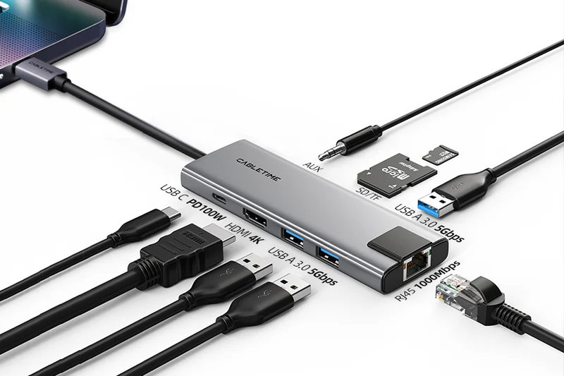 Hub USB-C 9 trong 1 có cổng sạc, HDMI 4K, giắc cắm âm thanh Ethernet HB03G