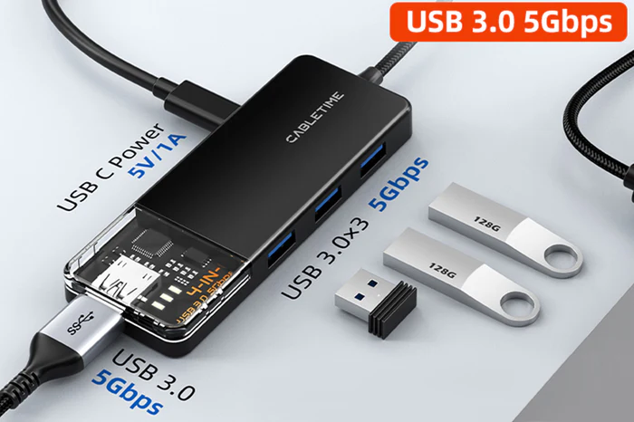 Hub 4 cổng USB A 3.0 tốc độ siêu nhanh 5Gbps có nguồn cấp cho máy tính xách tay 1M CB02B