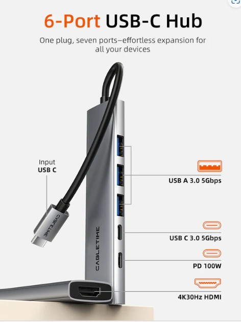 Bộ chuyển đổi ECO 6 trong 1 USB C 4K30Hz, 5Gbps dài 0.15M HB01G