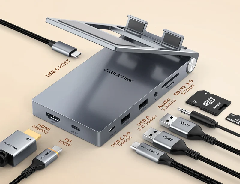 Hub USB C 8 TRONG 1 chân đế có thể gập lại cho máy tính bảng, iPad Pro, Android CB04G
