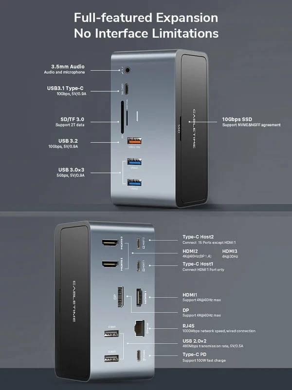 Trạm docking Multiport USB-C 16 trong 2 Host USB-C kép với SSD NVME 10Gbps