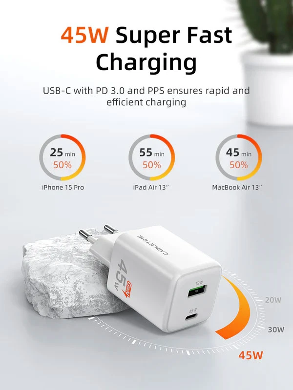 Củ sạc 45W GaN hỗ trợ PD3.0 với cổng A và C