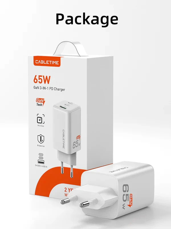 Củ sạc 65W GaN hỗ trợ PD3.0 với 2 cổng C và 1 cổng