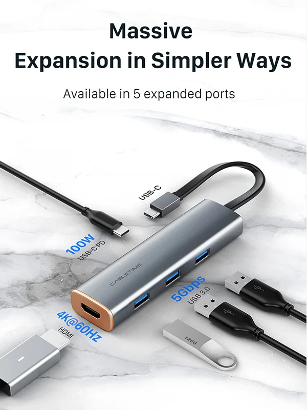 Bộ chuyển đổi 5 trong 1 USB-C sang USB 3.0×3 + HDMI 4K@60Hz + PD 100W