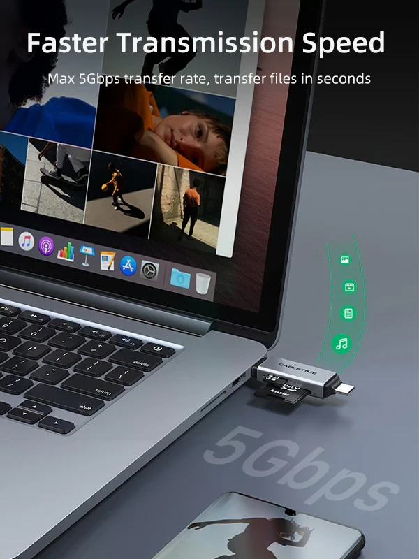 Đầu đọc thẻ USB 3.0 A + USB Type C, hỗ trợ đọc thẻ SD/TF, tốc độ 5Gbps