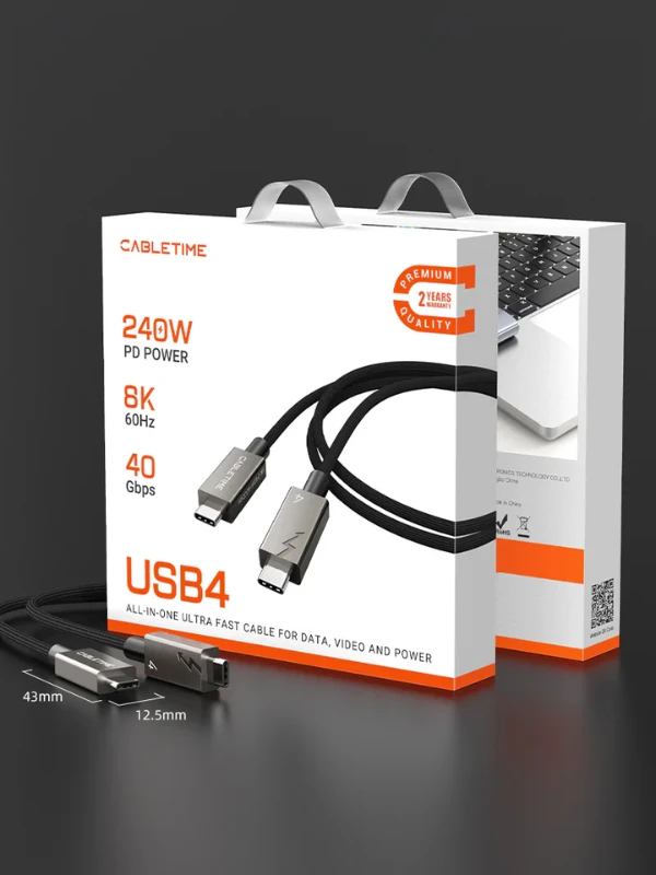 Cáp USB4 Linh Hoạt của Coaxial, Màu Đen TPE+Vỏ Bọc Nylon 40G/240W, ÂM THANH - VIDEO 8K/60HZ