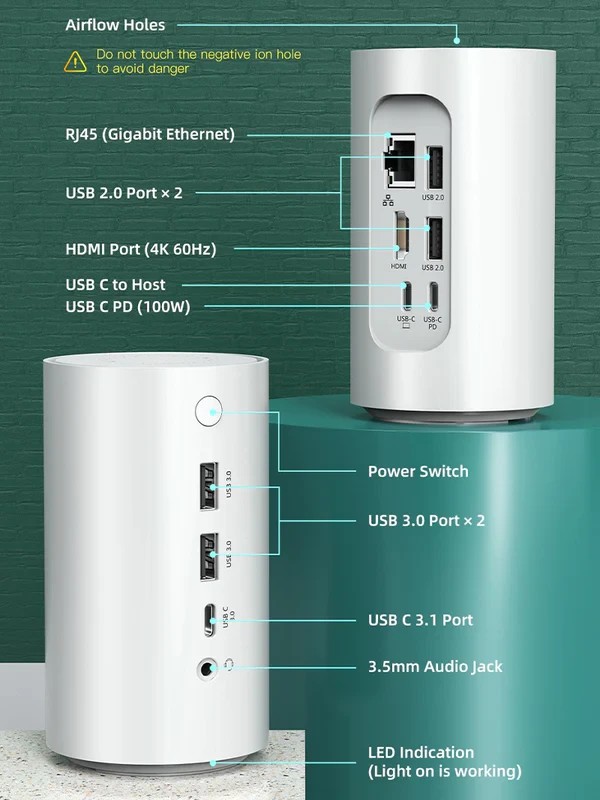 Docking làm sạch không khí Anion USB C để bàn 9 trong 1